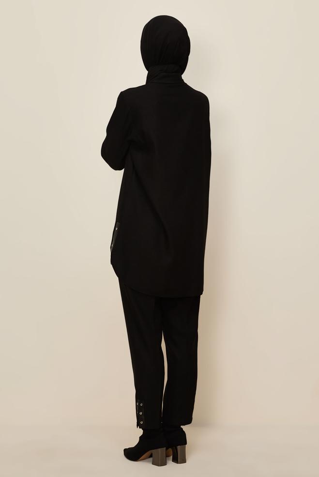 Tesettür giyim SİYAH KUŞGÖZÜ DETAYLI PANTOLONLU TAKIM 46206 - ALVİNA