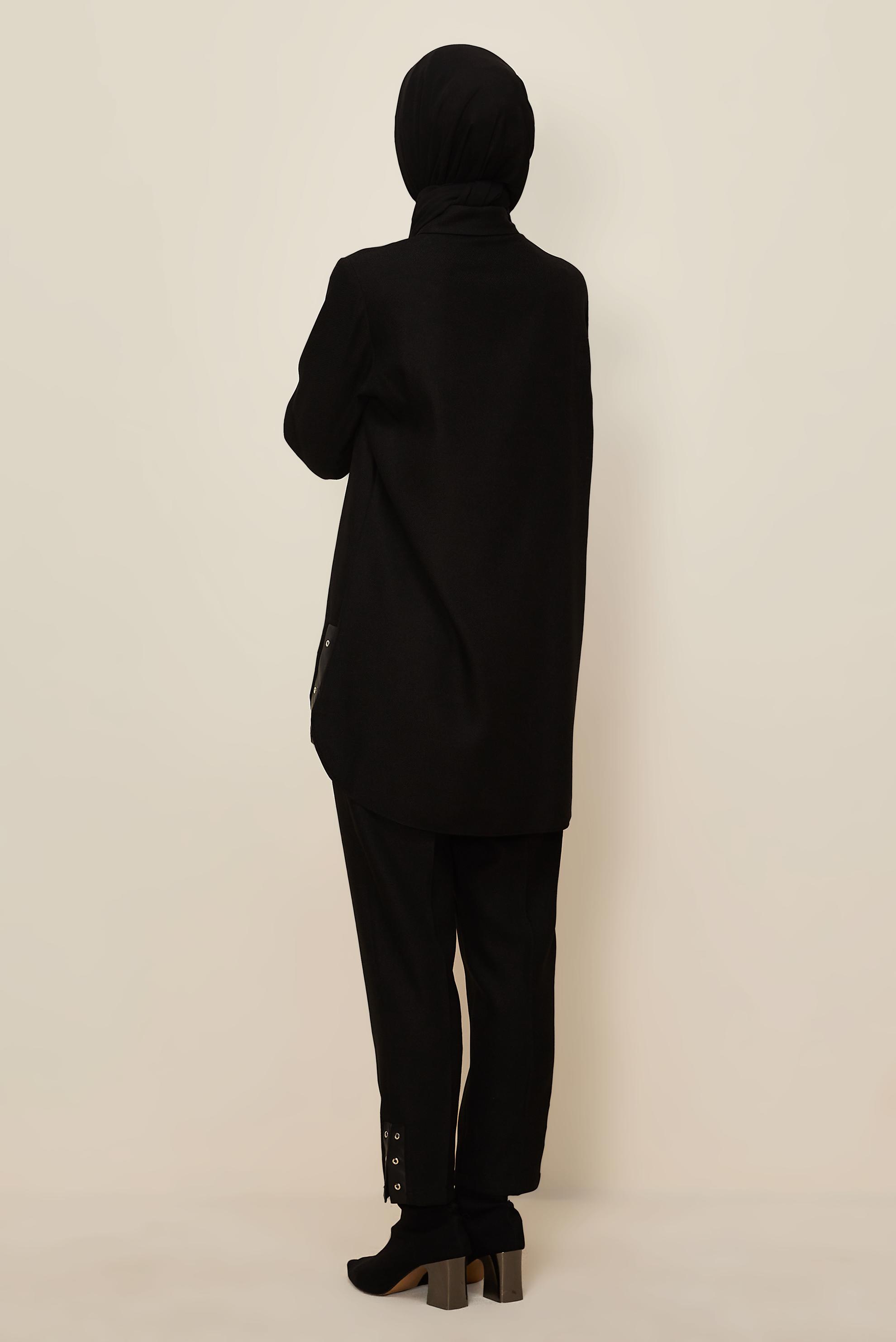 Tesettür giyim SİYAH KUŞGÖZÜ DETAYLI PANTOLONLU TAKIM 46206