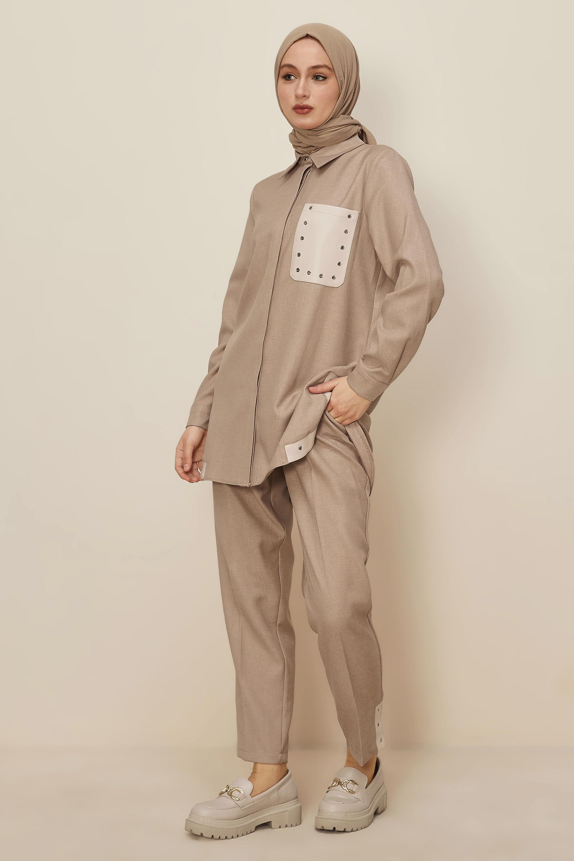 Tesettür giyim BEJ KUŞGÖZÜ DETAYLI PANTOLONLU TAKIM 46206