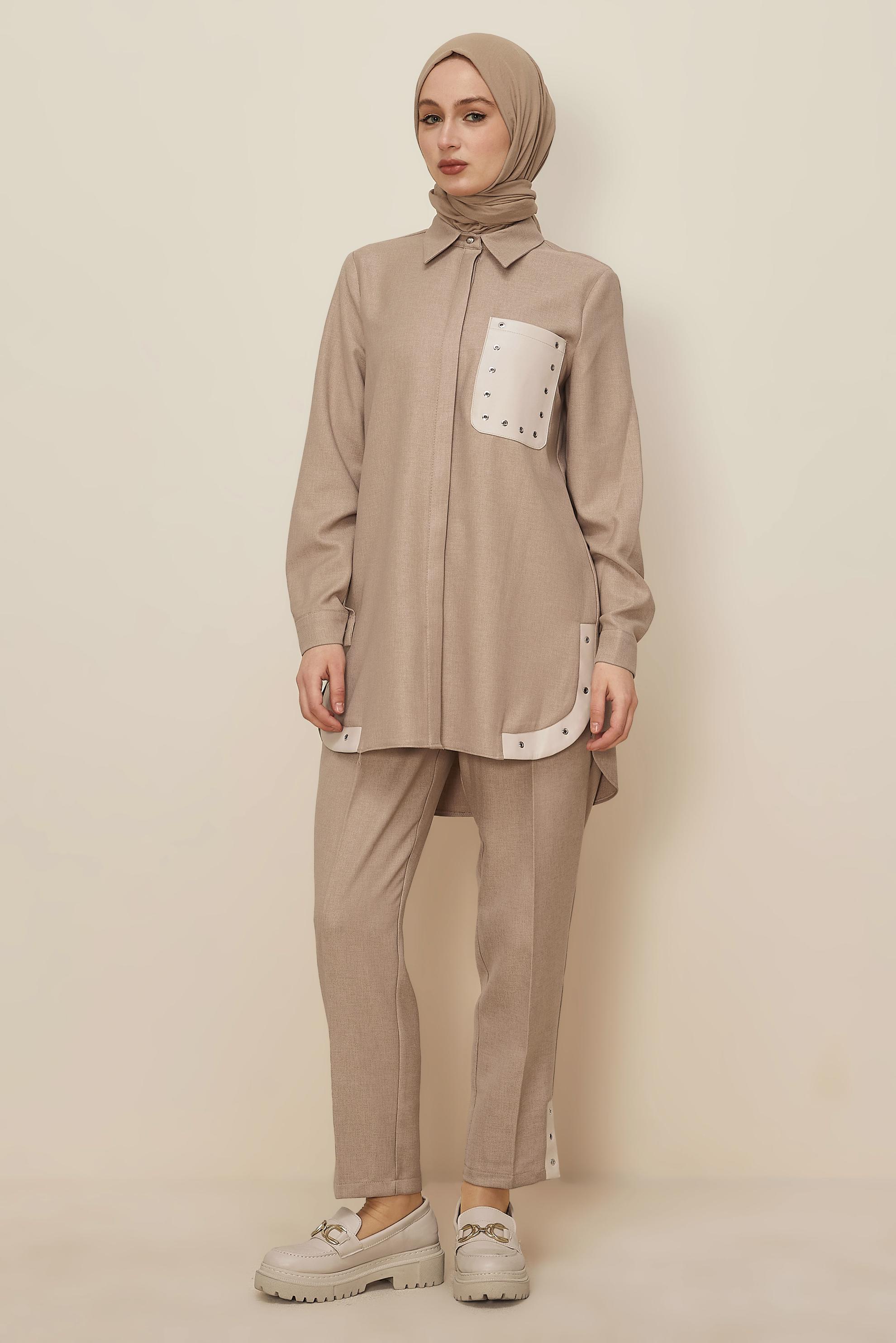 Tesettür giyim BEJ KUŞGÖZÜ DETAYLI PANTOLONLU TAKIM 46206