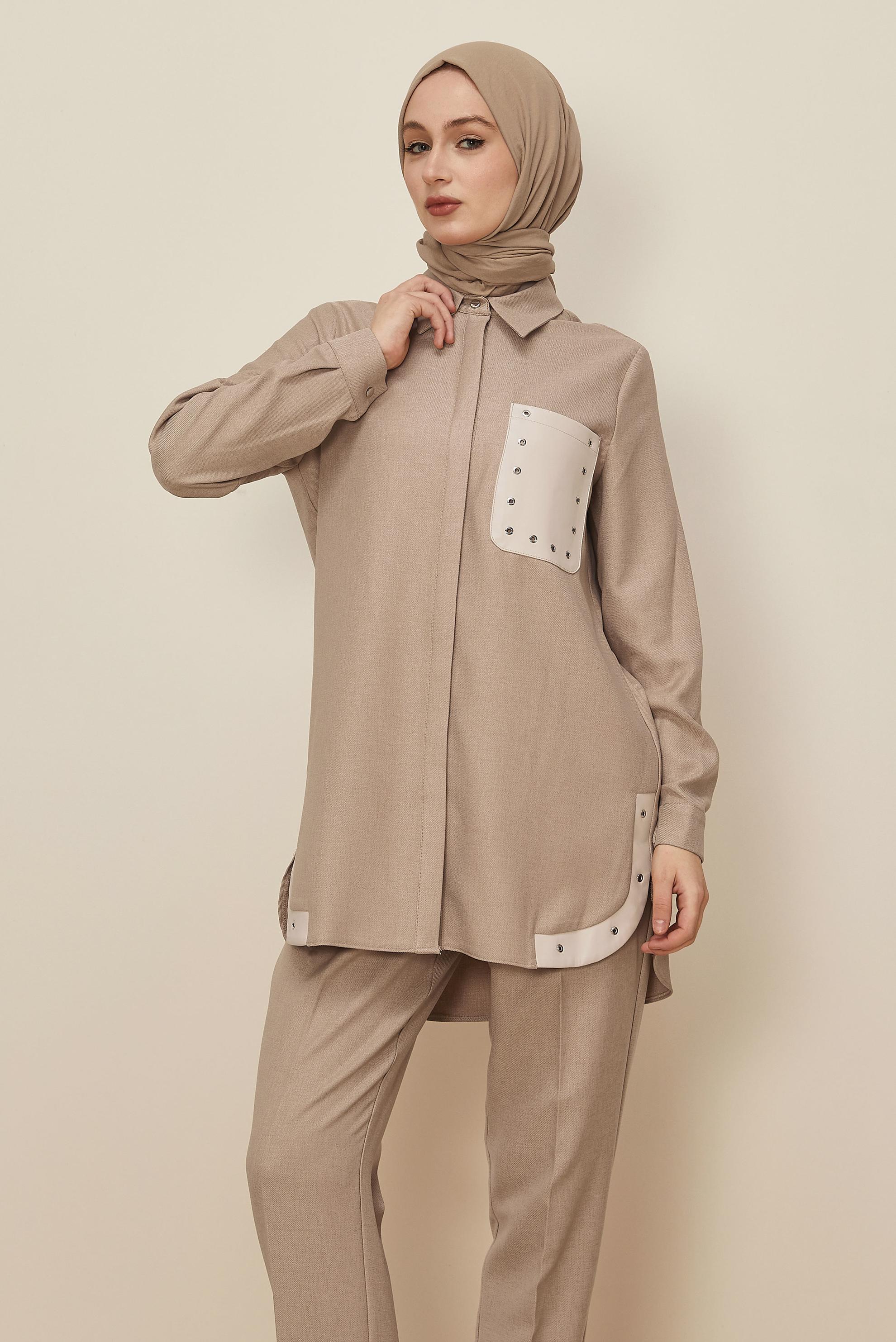 Tesettür giyim BEJ KUŞGÖZÜ DETAYLI PANTOLONLU TAKIM 46206