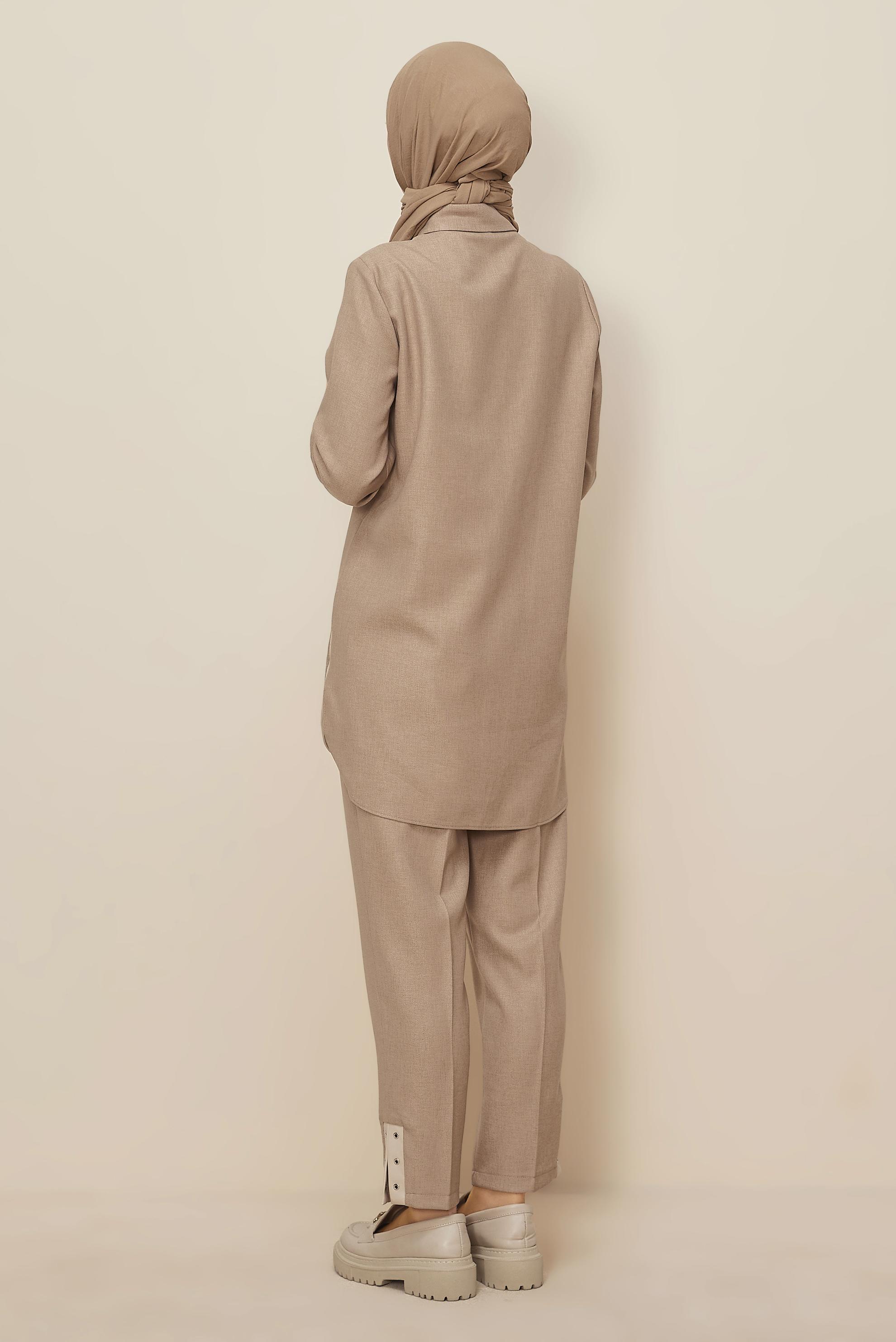 Tesettür giyim BEJ KUŞGÖZÜ DETAYLI PANTOLONLU TAKIM 46206