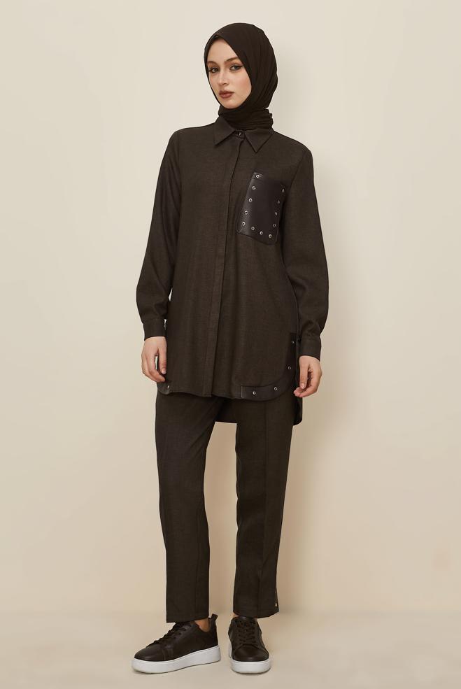 Tesettür giyim KAHVE KUŞGÖZÜ DETAYLI PANTOLONLU TAKIM 46206 - ALVİNA