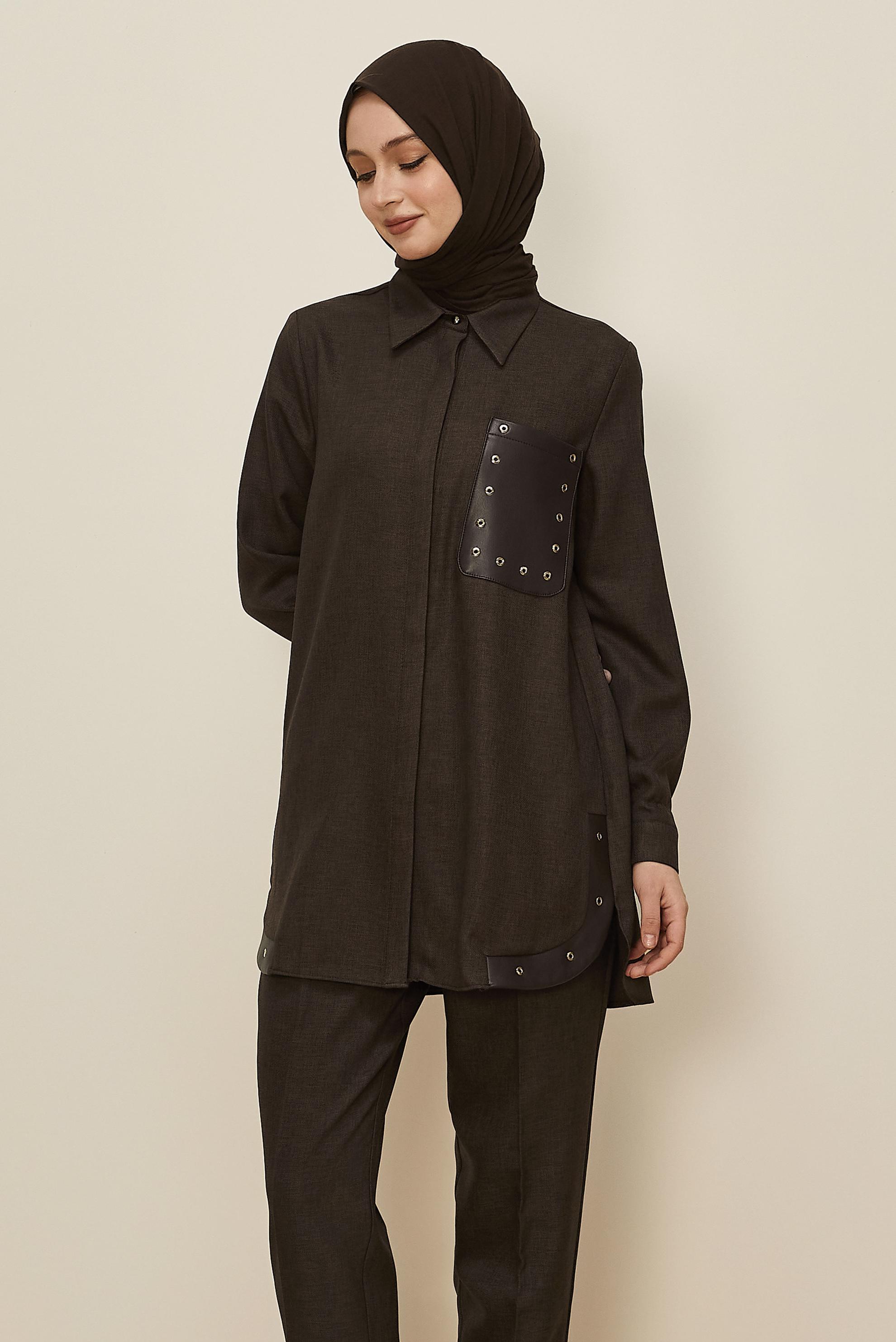 Tesettür giyim KAHVE KUŞGÖZÜ DETAYLI PANTOLONLU TAKIM 46206