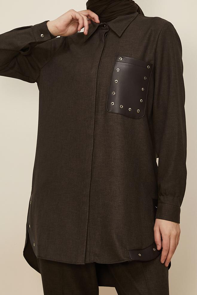 Tesettür giyim KAHVE KUŞGÖZÜ DETAYLI PANTOLONLU TAKIM 46206 - ALVİNA