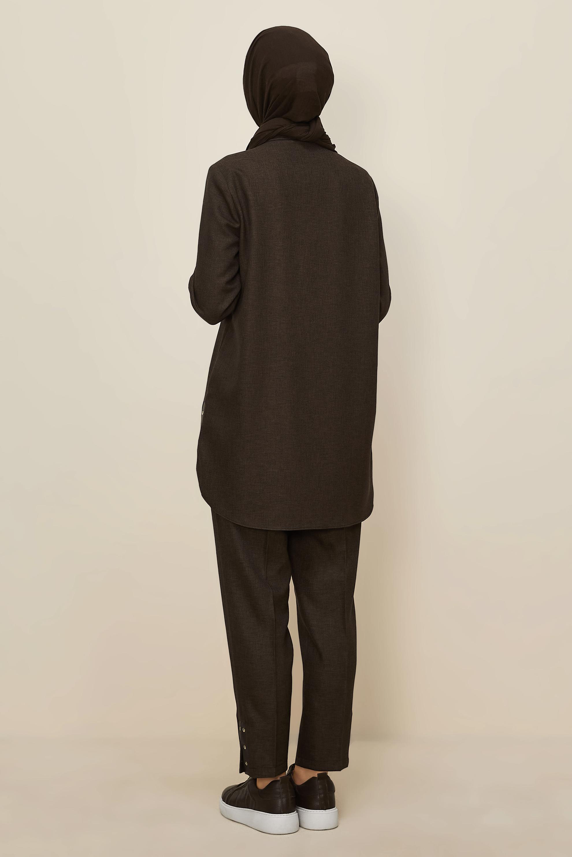 Tesettür giyim KAHVE KUŞGÖZÜ DETAYLI PANTOLONLU TAKIM 46206