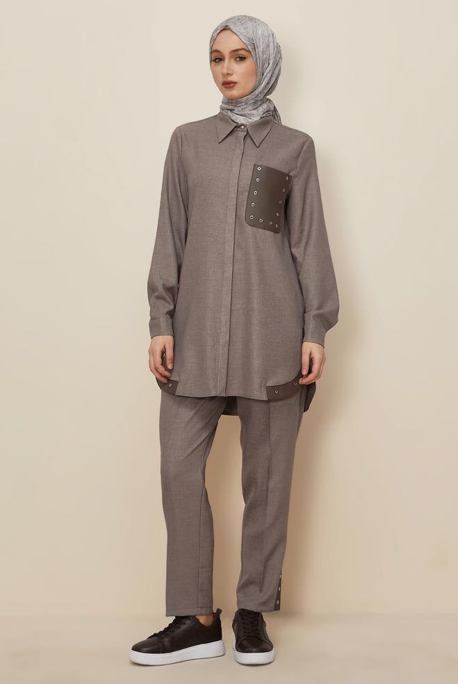 Tesettür giyim VİZON KUŞGÖZÜ DETAYLI PANTOLONLU TAKIM 46206 - ALVİNA