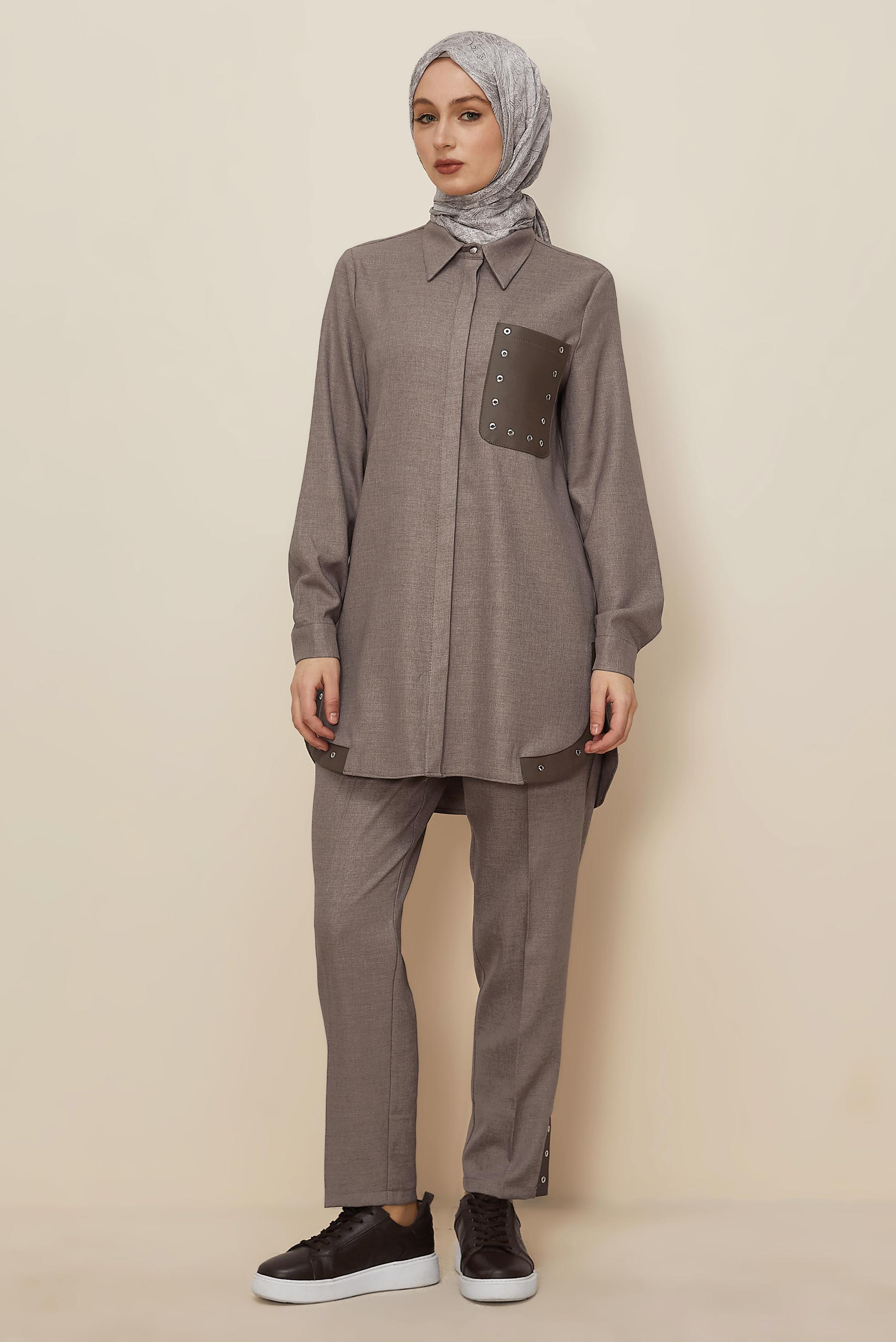 Tesettür giyim VİZON KUŞGÖZÜ DETAYLI PANTOLONLU TAKIM 46206