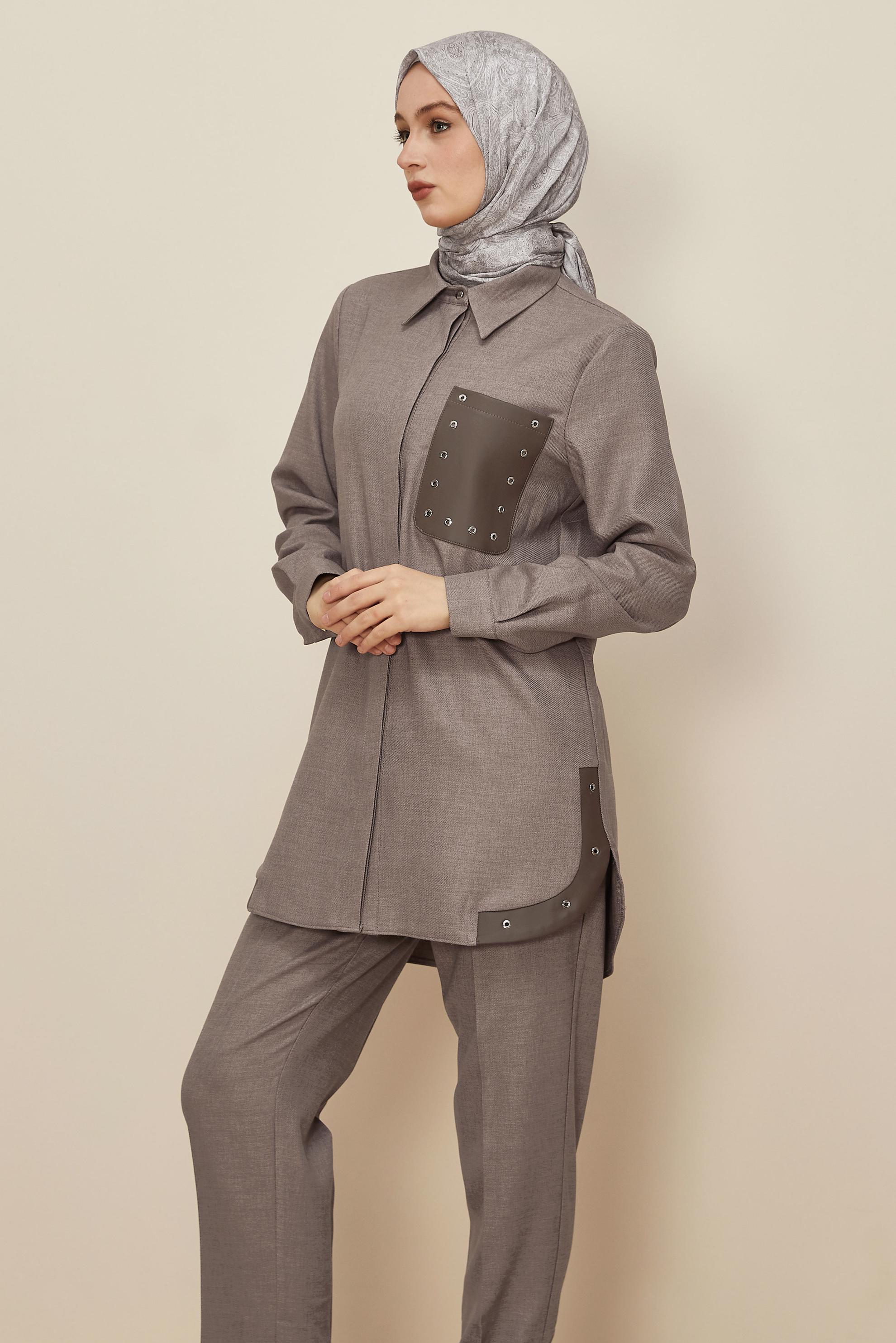 Tesettür giyim VİZON KUŞGÖZÜ DETAYLI PANTOLONLU TAKIM 46206