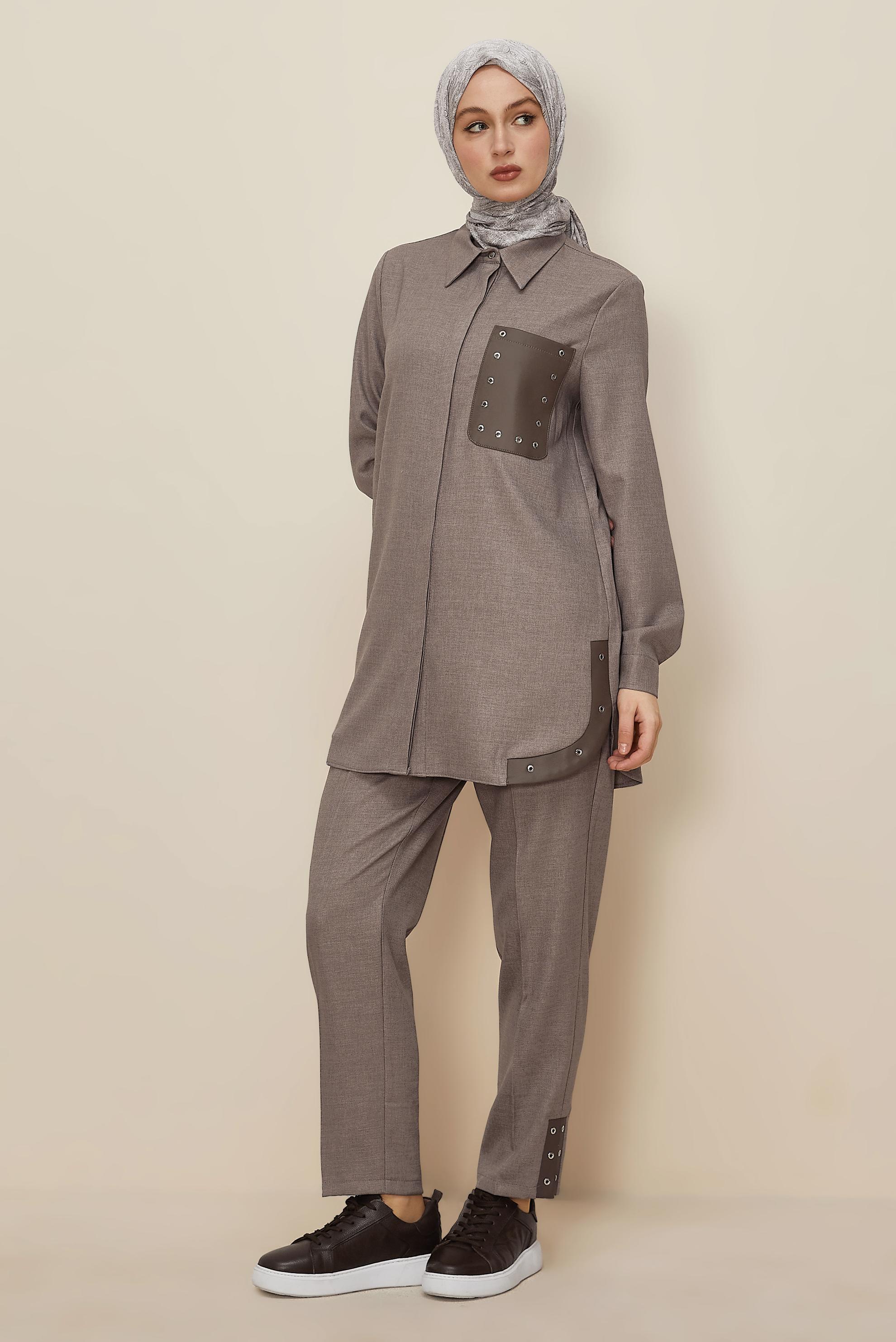 Tesettür giyim VİZON KUŞGÖZÜ DETAYLI PANTOLONLU TAKIM 46206