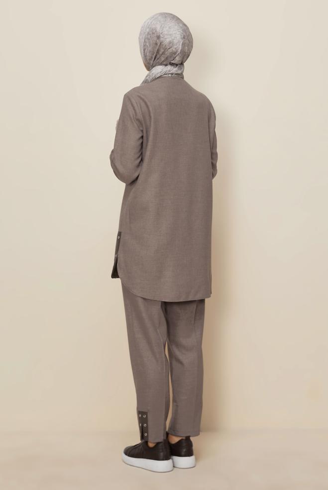 Tesettür giyim VİZON KUŞGÖZÜ DETAYLI PANTOLONLU TAKIM 46206 - ALVİNA