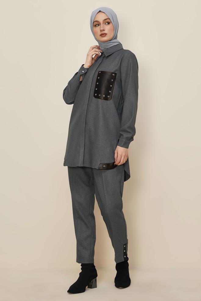 Tesettür giyim GRİ KUŞGÖZÜ DETAYLI PANTOLONLU TAKIM 46206 - ALVİNA
