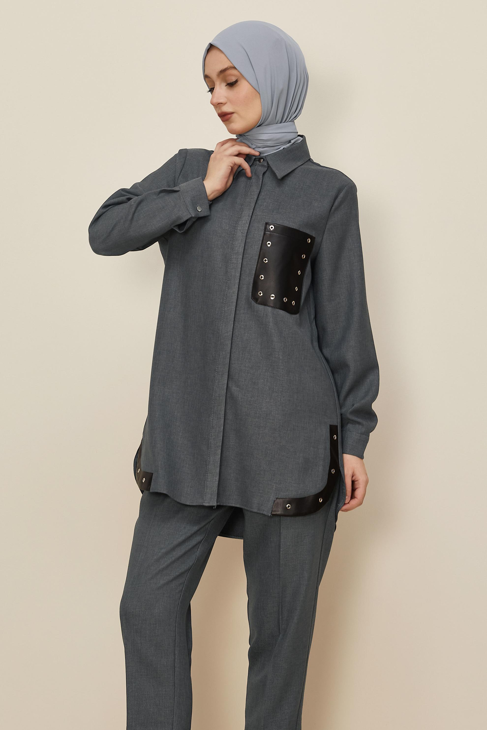 Tesettür giyim GRİ KUŞGÖZÜ DETAYLI PANTOLONLU TAKIM 46206