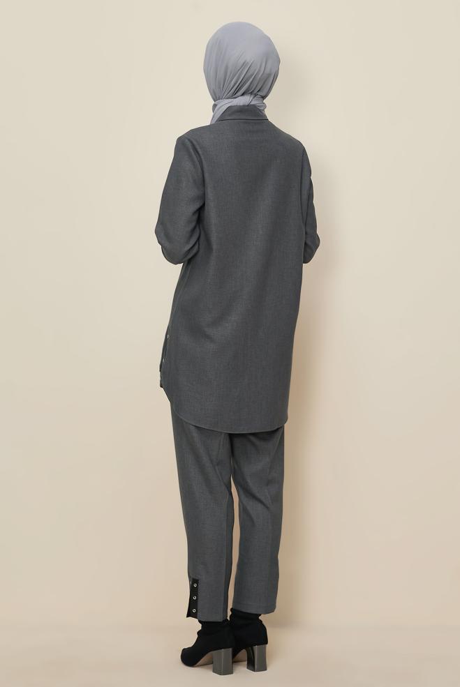 Tesettür giyim GRİ KUŞGÖZÜ DETAYLI PANTOLONLU TAKIM 46206 - ALVİNA