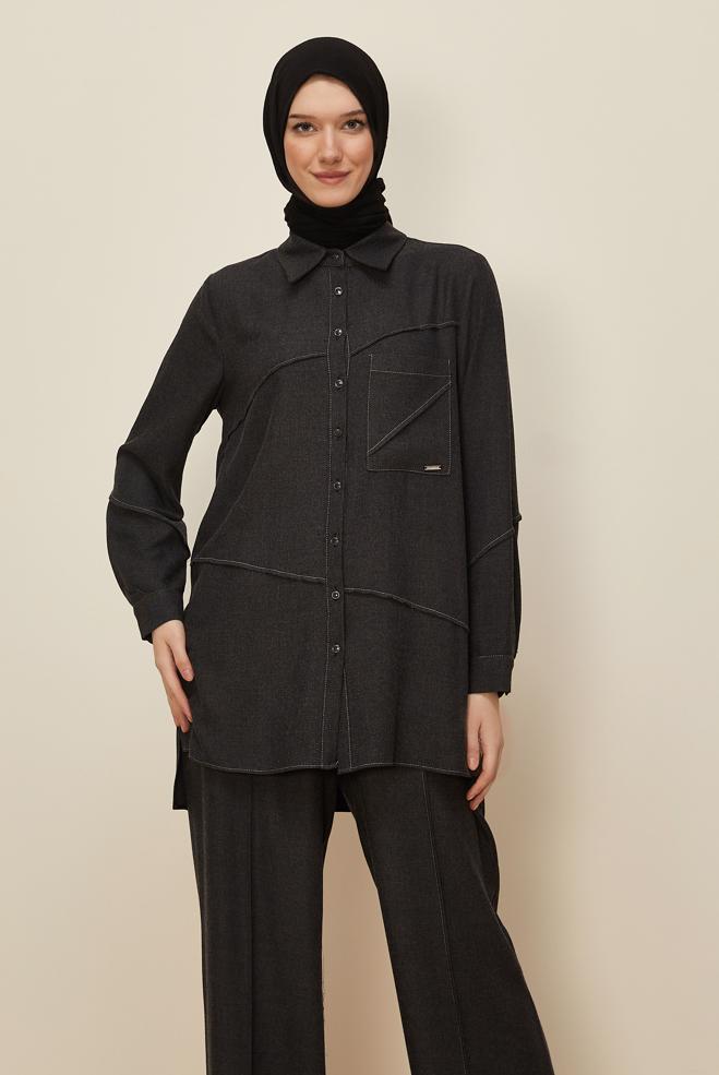 Tesettür giyim SİYAH GÖMLEK YAKA PANTOLONLU TAKIM 46221 - ALVİNA
