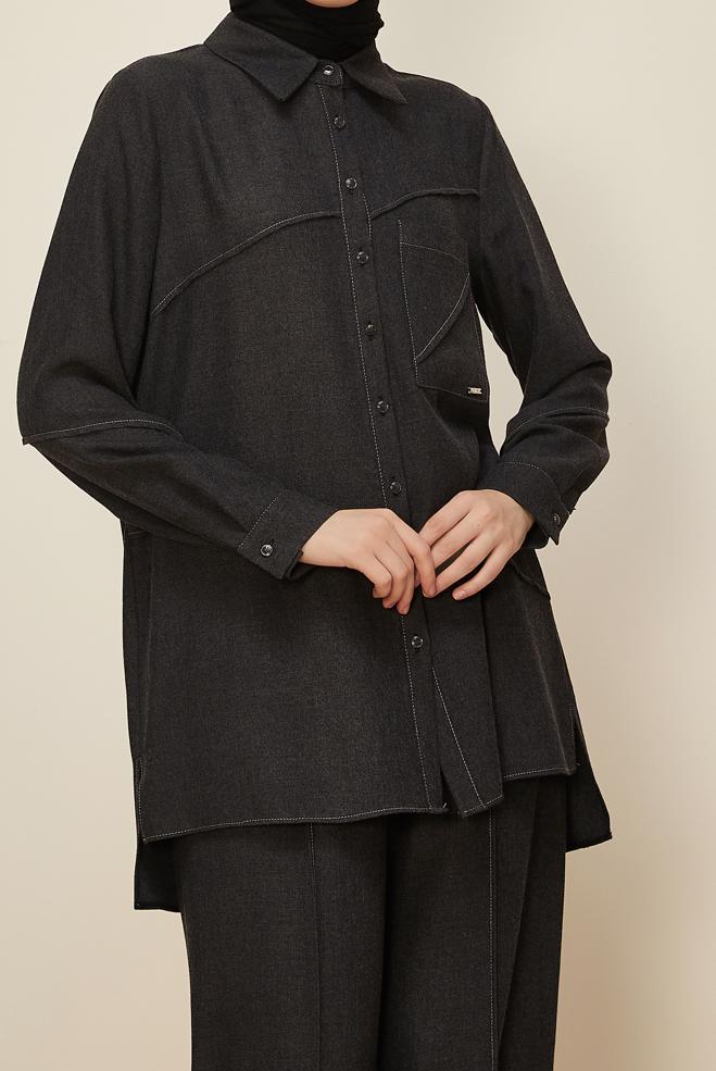 Tesettür giyim SİYAH GÖMLEK YAKA PANTOLONLU TAKIM 46221 - ALVİNA