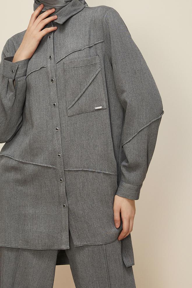 Tesettür giyim GRİ GÖMLEK YAKA PANTOLONLU TAKIM 46221 - ALVİNA