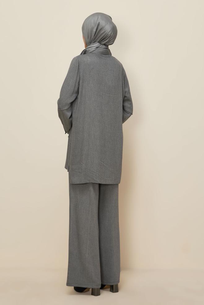 Tesettür giyim GRİ GÖMLEK YAKA PANTOLONLU TAKIM 46221 - ALVİNA