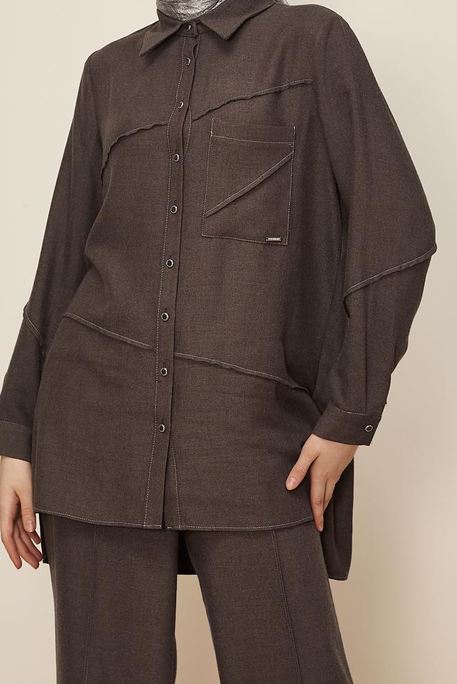 Tesettür giyim KAHVE GÖMLEK YAKA PANTOLONLU TAKIM 46221 - ALVİNA