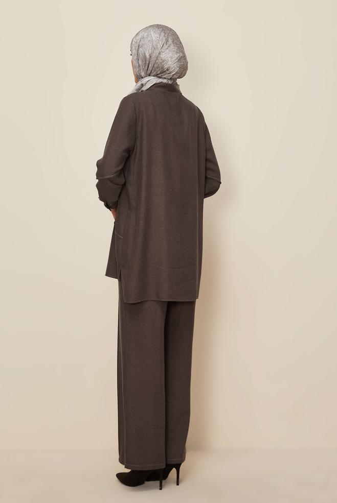 Tesettür giyim KAHVE GÖMLEK YAKA PANTOLONLU TAKIM 46221 - ALVİNA
