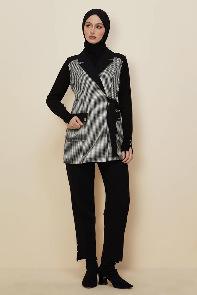 Tesettür giyim MAVİ PANTOLONLU KAZAYAĞI DESENLİ TAKIM 46232 - ALVİNA