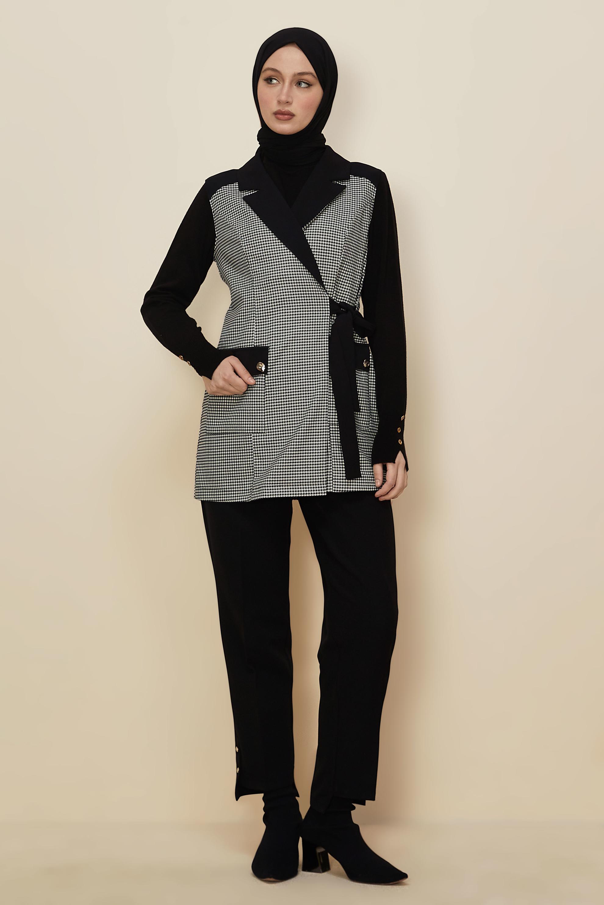 Tesettür giyim MAVİ PANTOLONLU KAZAYAĞI DESENLİ TAKIM 46232