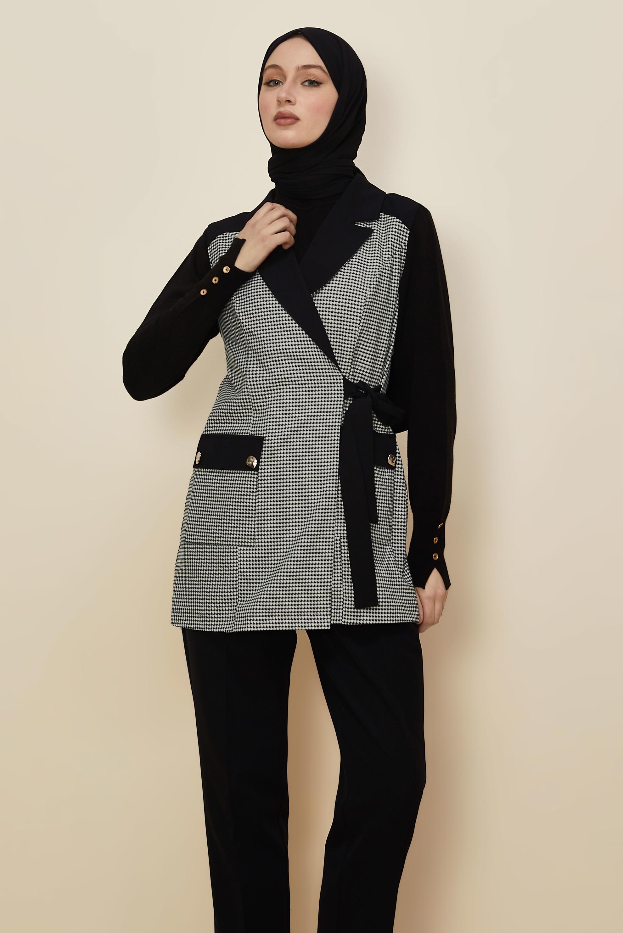 Tesettür giyim MAVİ PANTOLONLU KAZAYAĞI DESENLİ TAKIM 46232