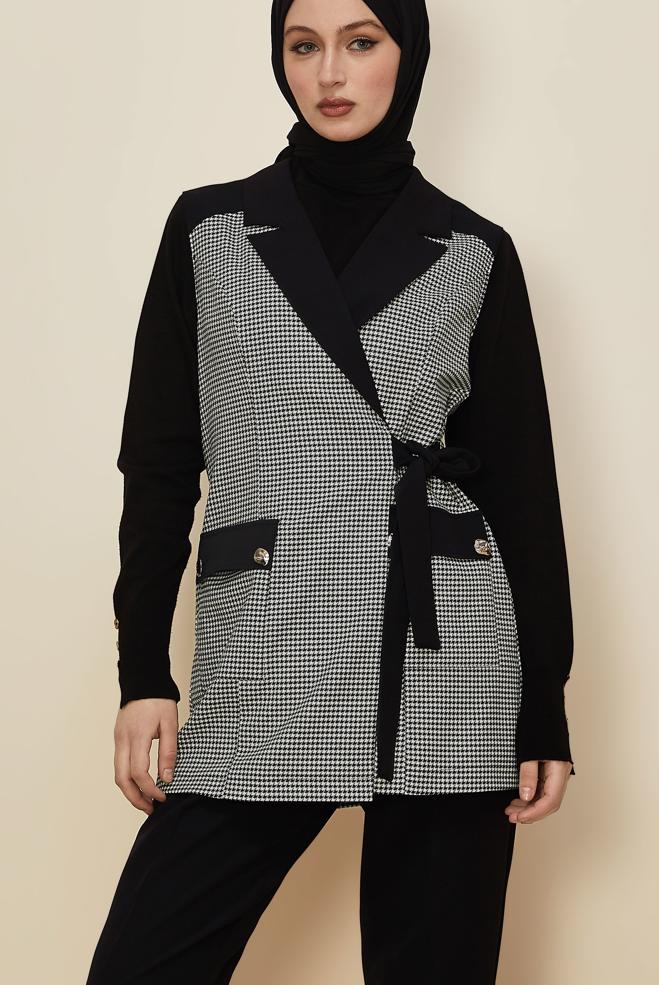 Tesettür giyim MAVİ PANTOLONLU KAZAYAĞI DESENLİ TAKIM 46232 - ALVİNA