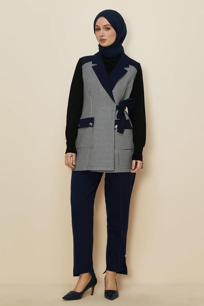 Tesettür giyim LACİVERT PANTOLONLU KAZAYAĞI DESENLİ TAKIM 46232 - ALVİNA