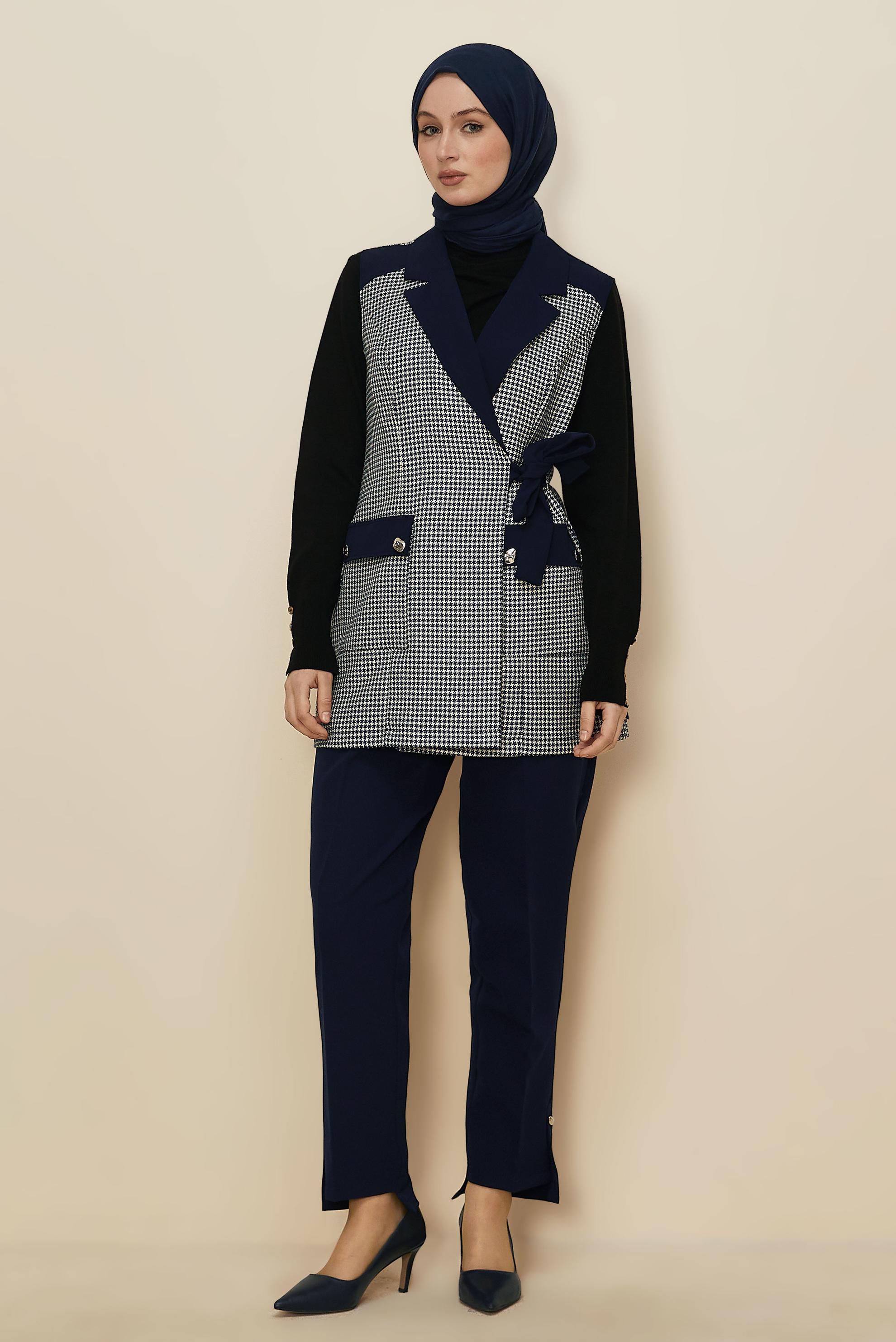 Tesettür giyim LACİVERT PANTOLONLU KAZAYAĞI DESENLİ TAKIM 46232