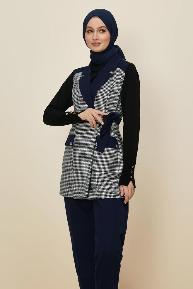 Tesettür giyim LACİVERT PANTOLONLU KAZAYAĞI DESENLİ TAKIM 46232 - ALVİNA