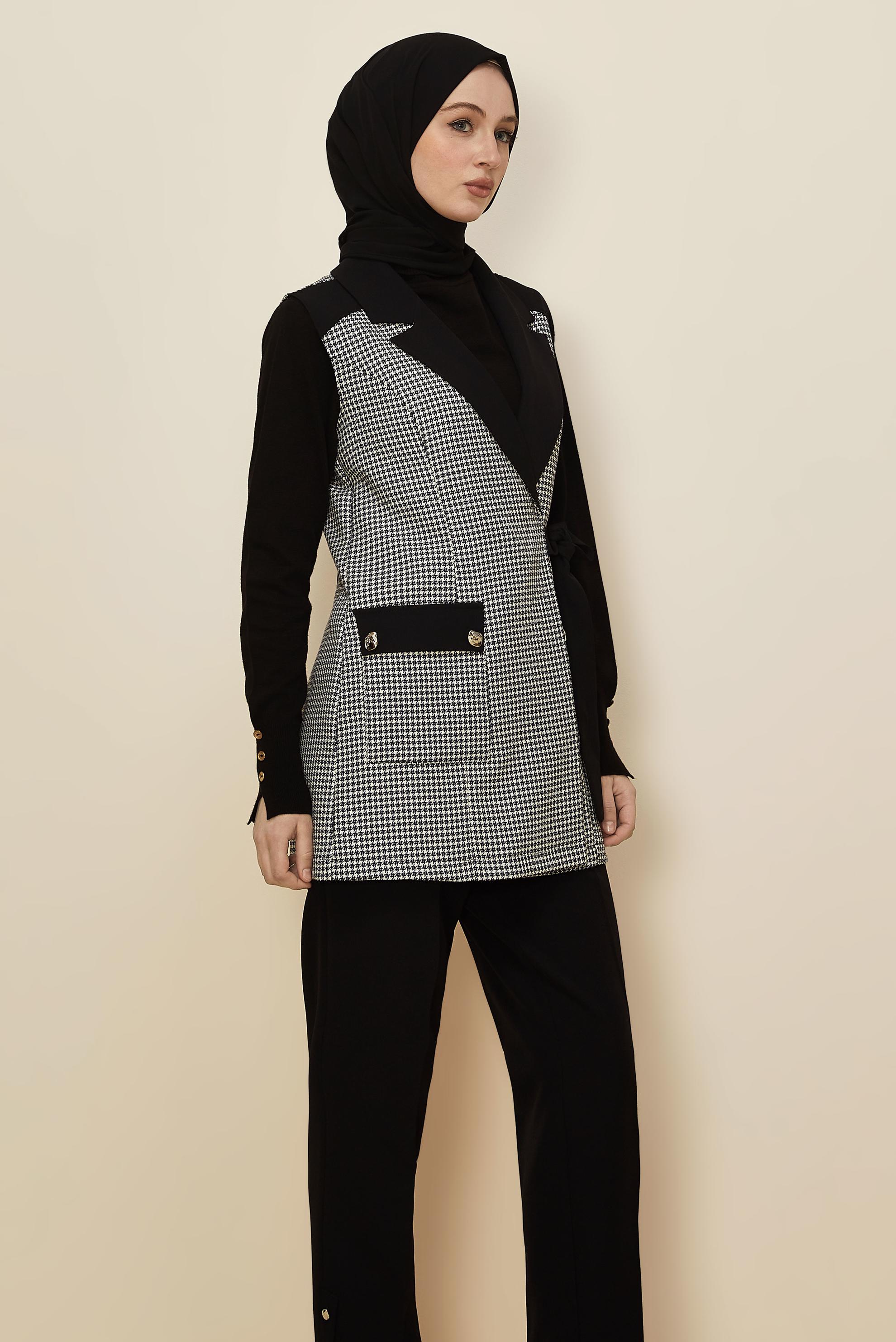 Tesettür giyim SİYAH PANTOLONLU KAZAYAĞI DESENLİ TAKIM 46232-1