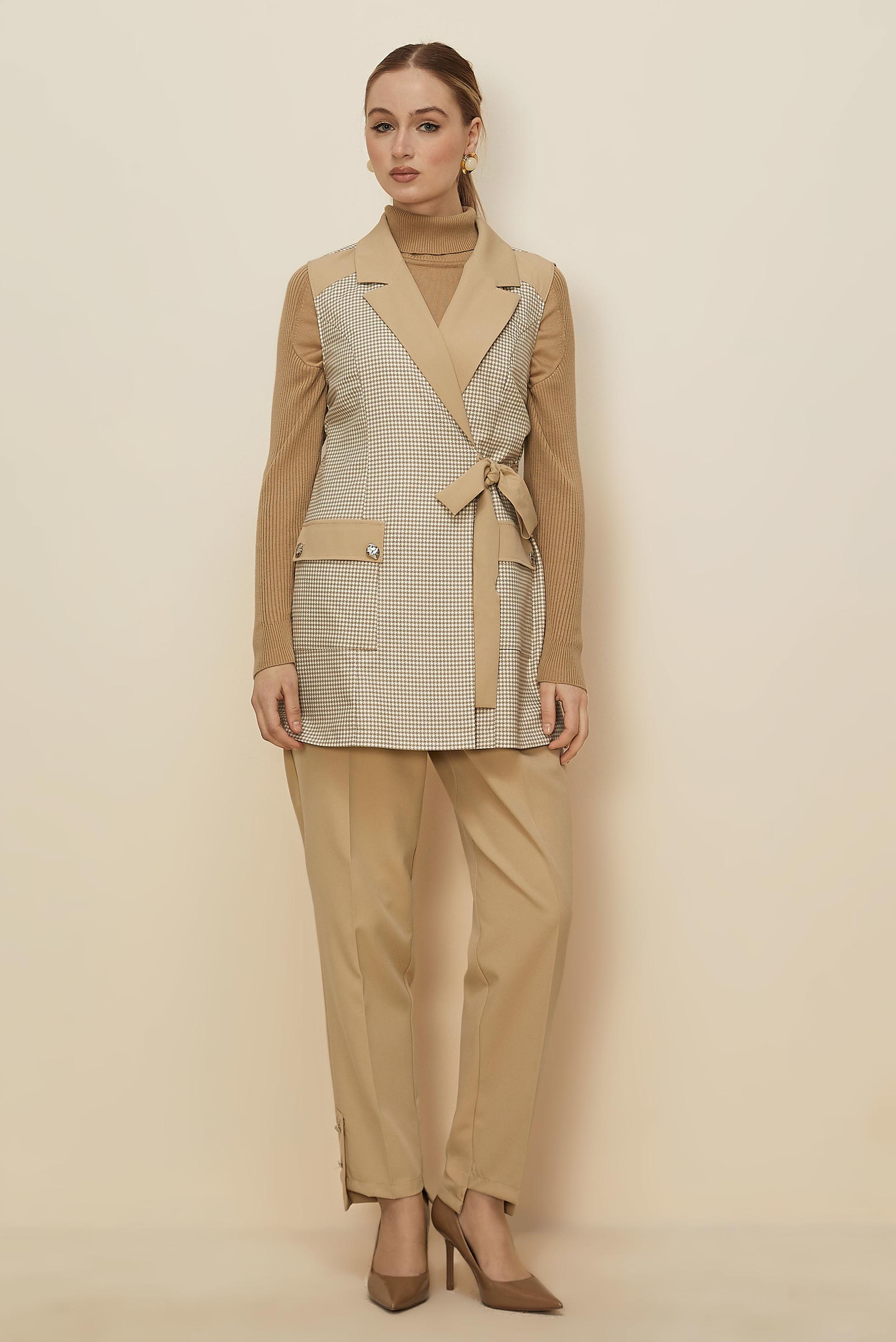 Tesettür giyim BEJ PANTOLONLU KAZAYAĞI DESENLİ TAKIM 46232-1