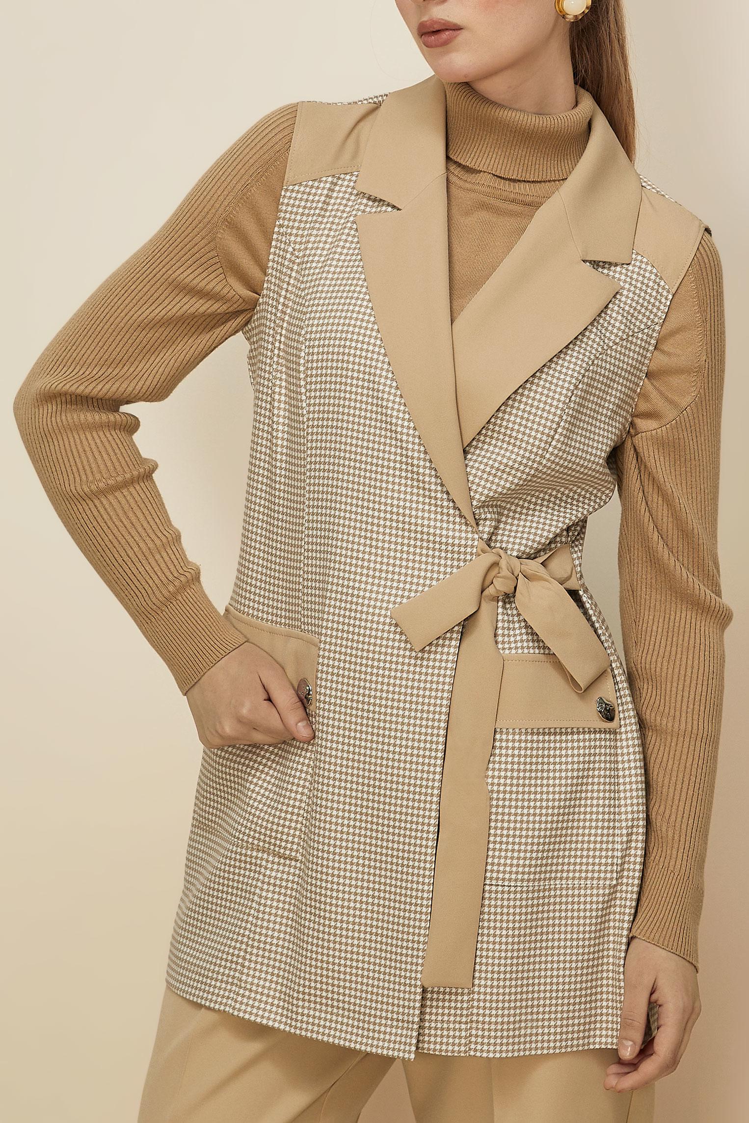 Tesettür giyim BEJ PANTOLONLU KAZAYAĞI DESENLİ TAKIM 46232-1