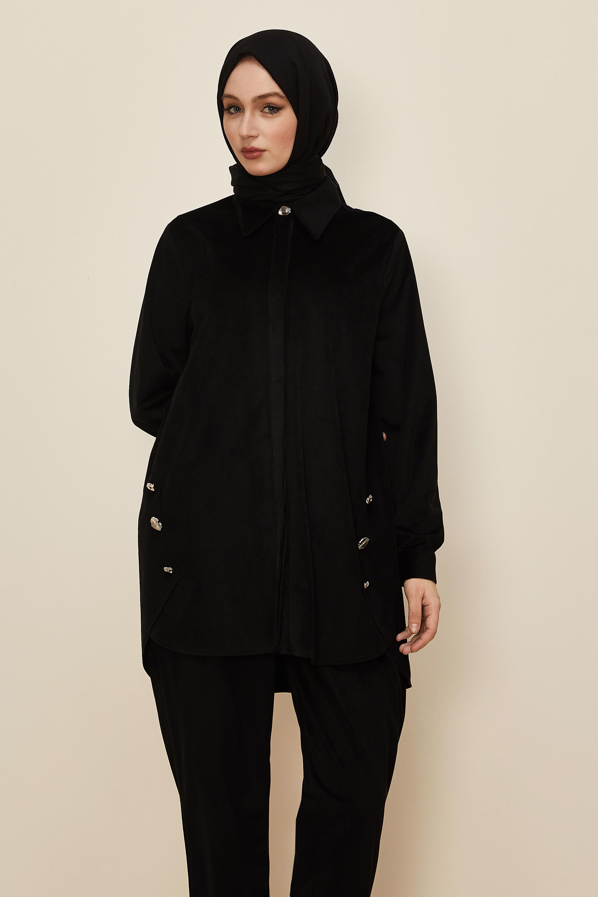 Tesettür giyim SİYAH PANTOLONLU KADİFE TAKIM 46239