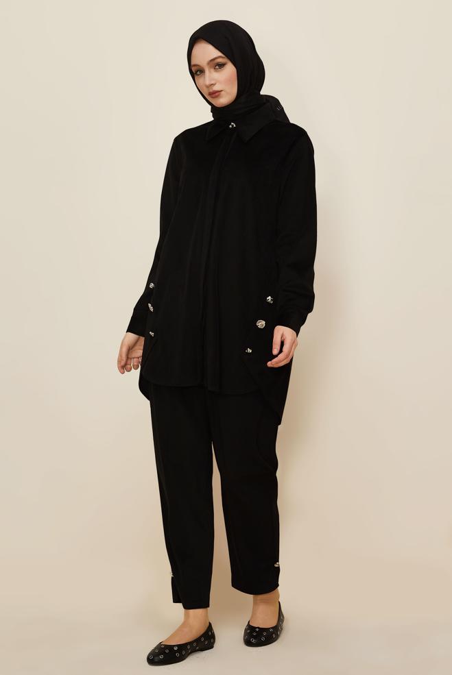 Tesettür giyim SİYAH PANTOLONLU KADİFE TAKIM 46239 - ALVİNA