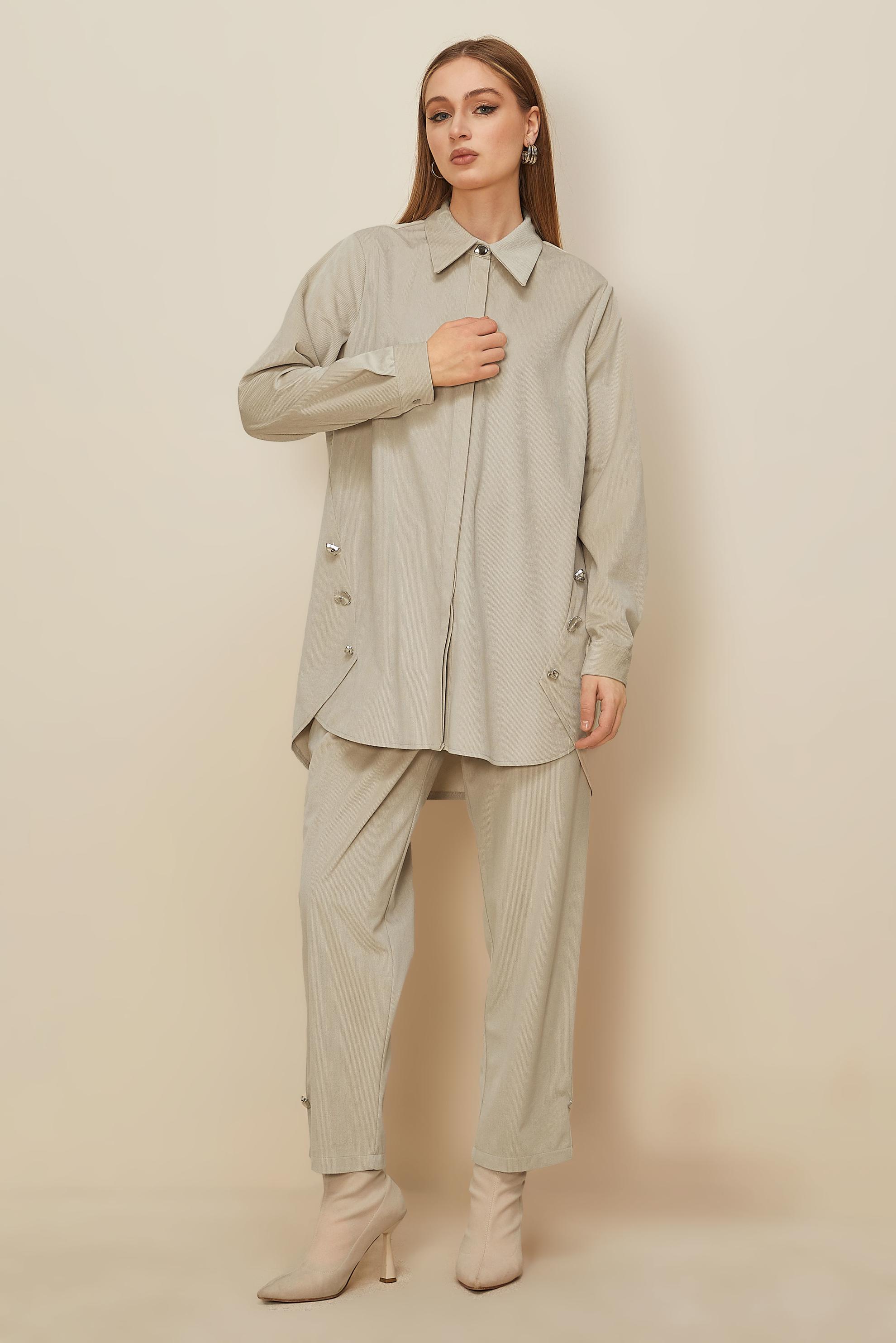 Tesettür giyim BEJ PANTOLONLU KADİFE TAKIM 46239