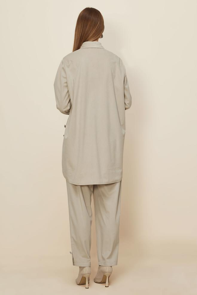 Tesettür giyim BEJ PANTOLONLU KADİFE TAKIM 46239 - ALVİNA