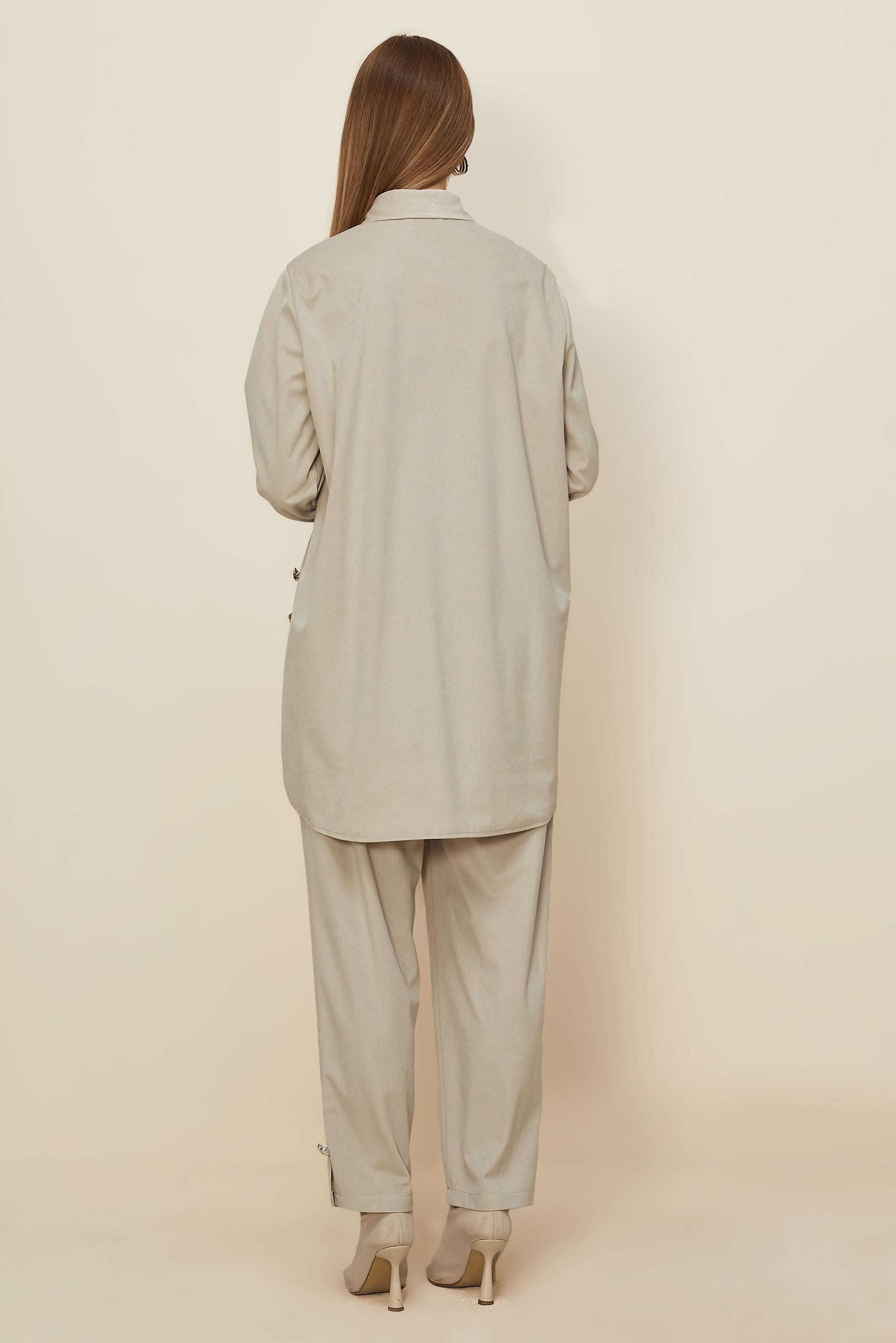 Tesettür giyim BEJ PANTOLONLU KADİFE TAKIM 46239