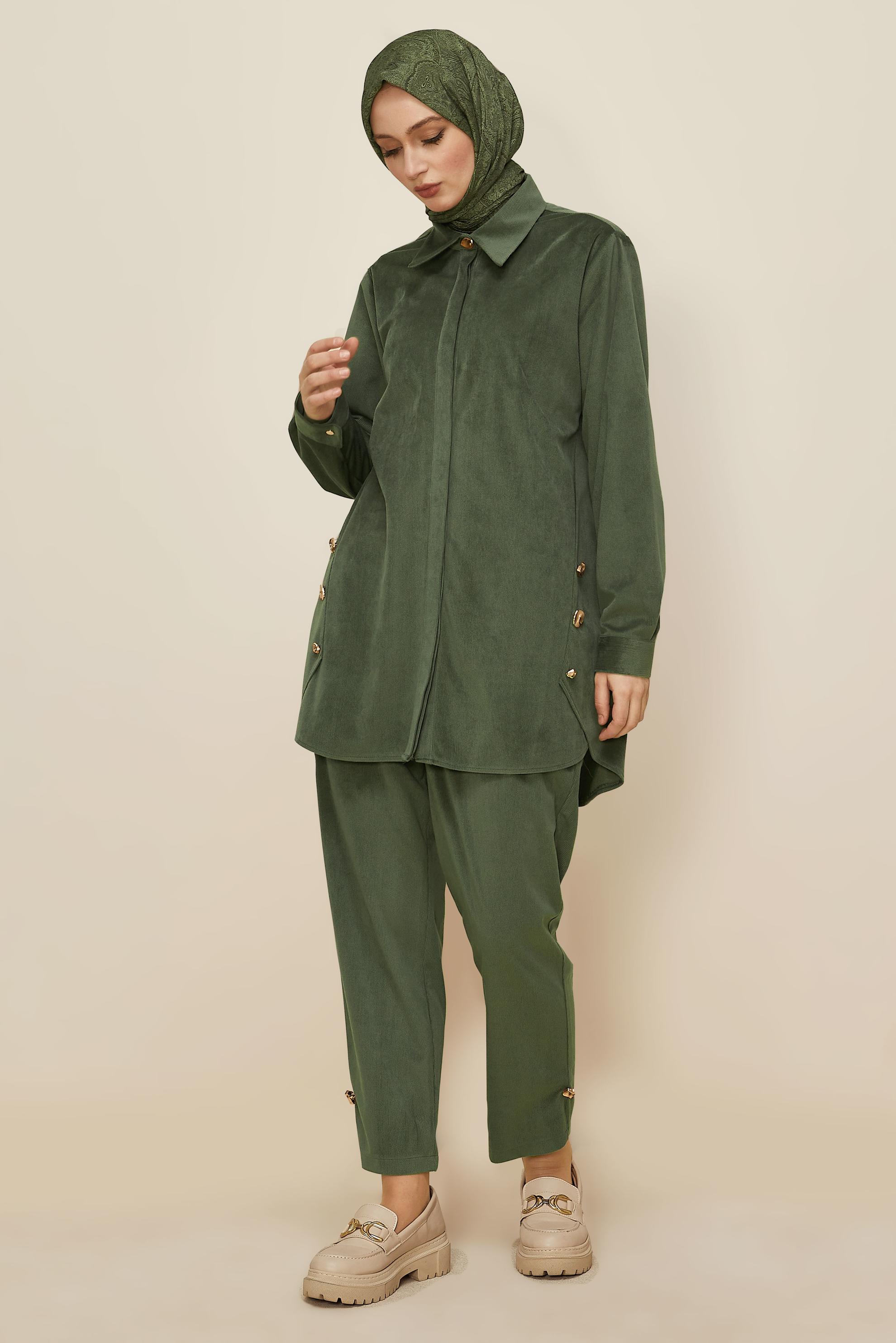 Tesettür giyim HAKİ PANTOLONLU KADİFE TAKIM 46239