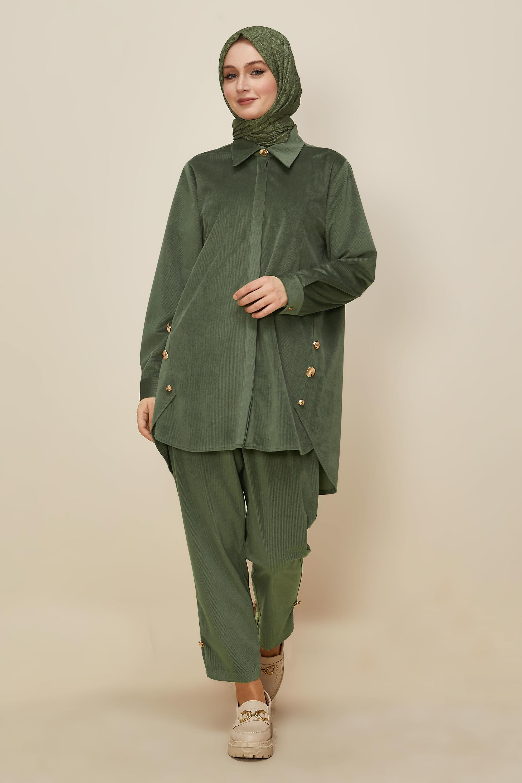 Tesettür giyim HAKİ PANTOLONLU KADİFE TAKIM 46239