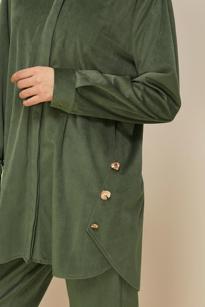 Tesettür giyim HAKİ PANTOLONLU KADİFE TAKIM 46239 - ALVİNA