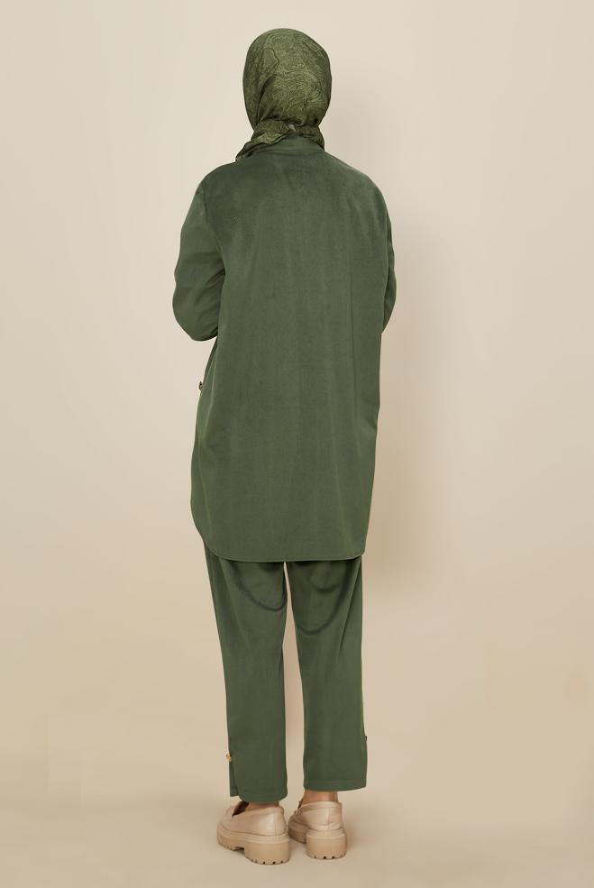 Tesettür giyim HAKİ PANTOLONLU KADİFE TAKIM 46239 - ALVİNA