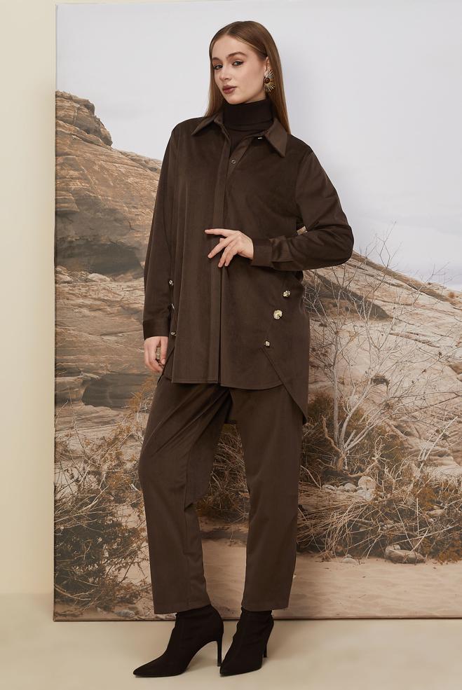 Hijab clothing BROWN VELVET PANTSUIT 46239 - ALVİNA
