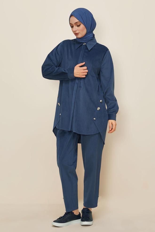 Tesettür giyim LACİVERT PANTOLONLU KADİFE TAKIM 46239 - ALVİNA