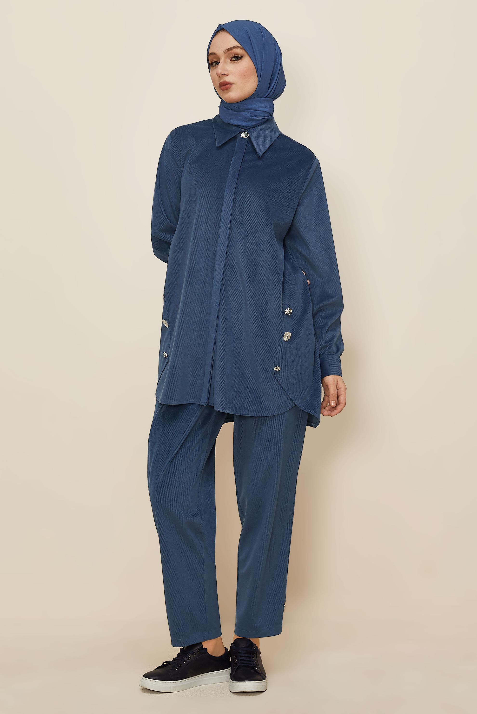 Tesettür giyim LACİVERT PANTOLONLU KADİFE TAKIM 46239