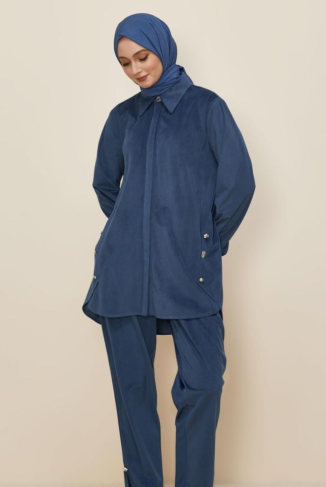 Tesettür giyim LACİVERT PANTOLONLU KADİFE TAKIM 46239 - ALVİNA