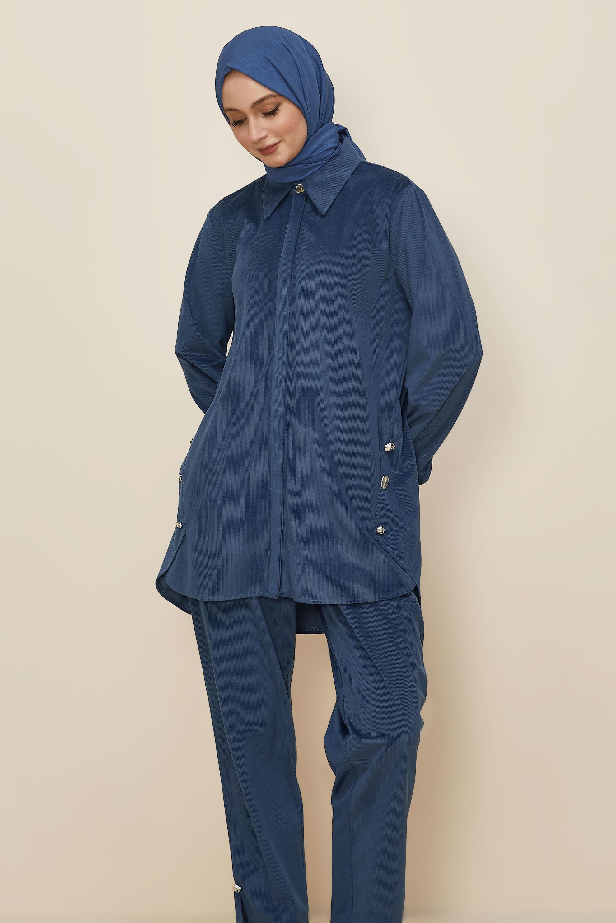 Tesettür giyim LACİVERT PANTOLONLU KADİFE TAKIM 46239