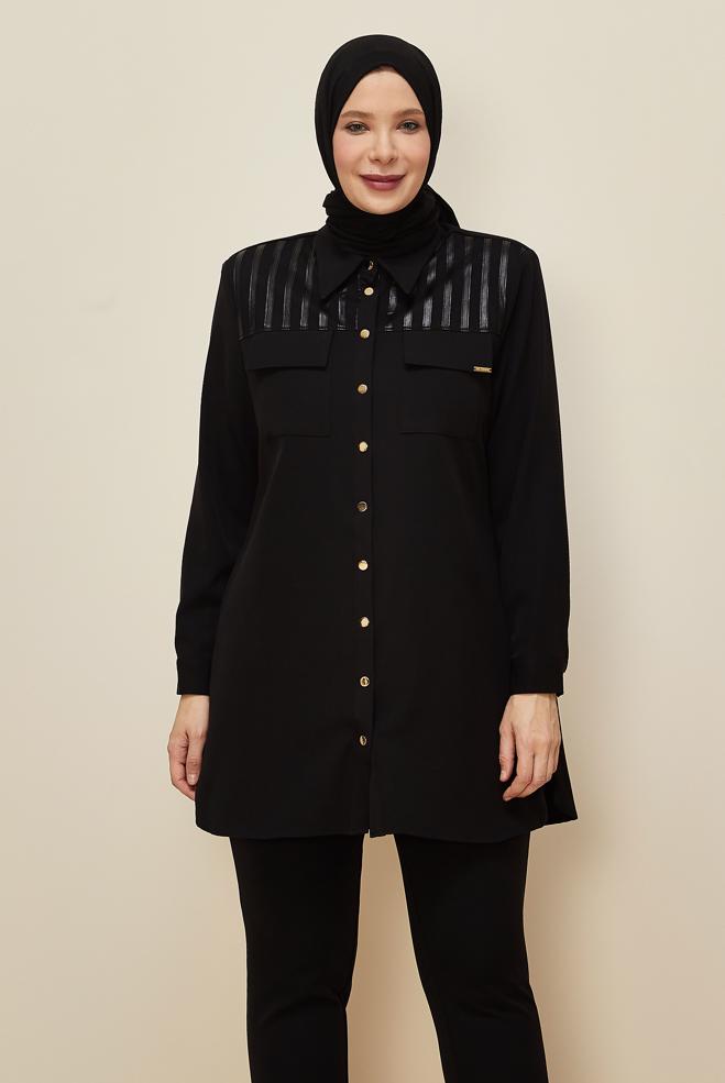 Vêtements hijab NOIR TUNIQUE COL CHEMISE 20862 - ALVİNA