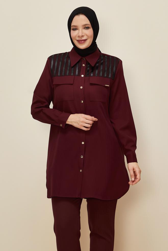 Vêtements hijab ROUGE BORDEAUX TUNIQUE COL CHEMISE 20862 - ALVİNA